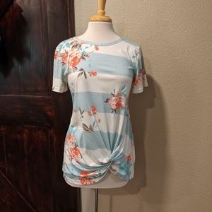 Blue and white striped twist front top